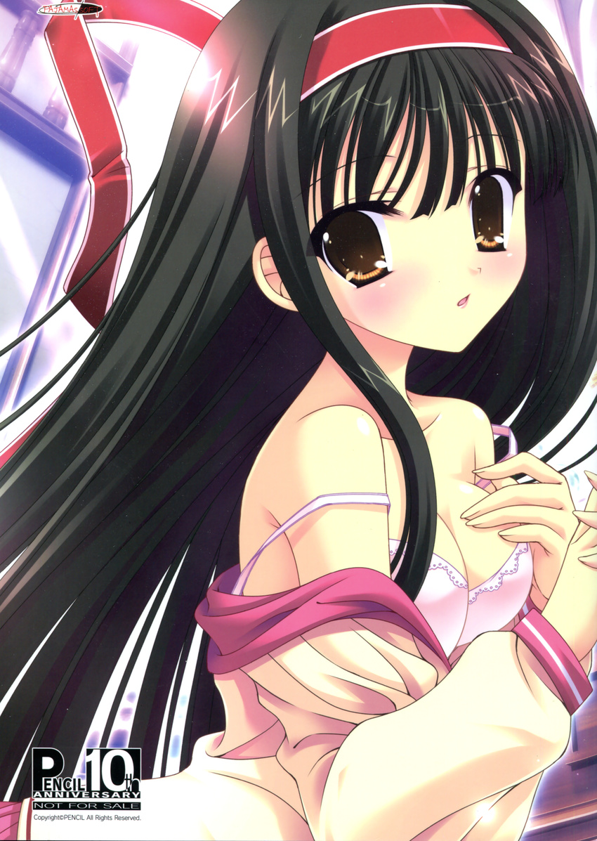 absurdres black_hair blush bra breasts brown_eyes company_name from_side hair_ribbon hairband highres huge_filesize long_hair looking_at_viewer medium_breasts mikanagi_ibuki off_shoulder prism_magical ribbon school_uniform solo strap_slip tanihara_natsuki underwear upper_body white_bra