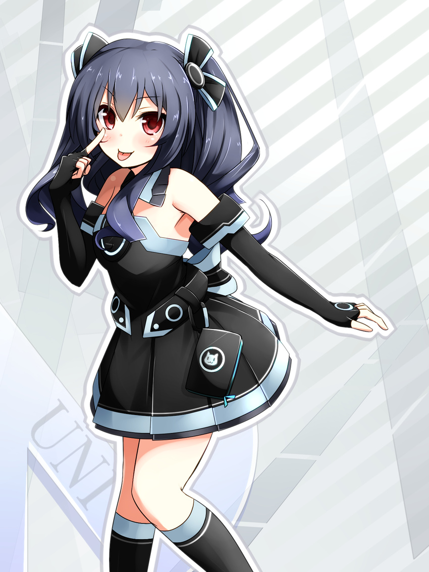 :p bare_shoulders black_hair blush character_name elbow_gloves gloves hair_ornament highres long_hair neptune_(series) open_mouth red_eyes solo tongue tongue_out uni_(choujigen_game_neptune) warabi_mochi_(ehimedaisuki)