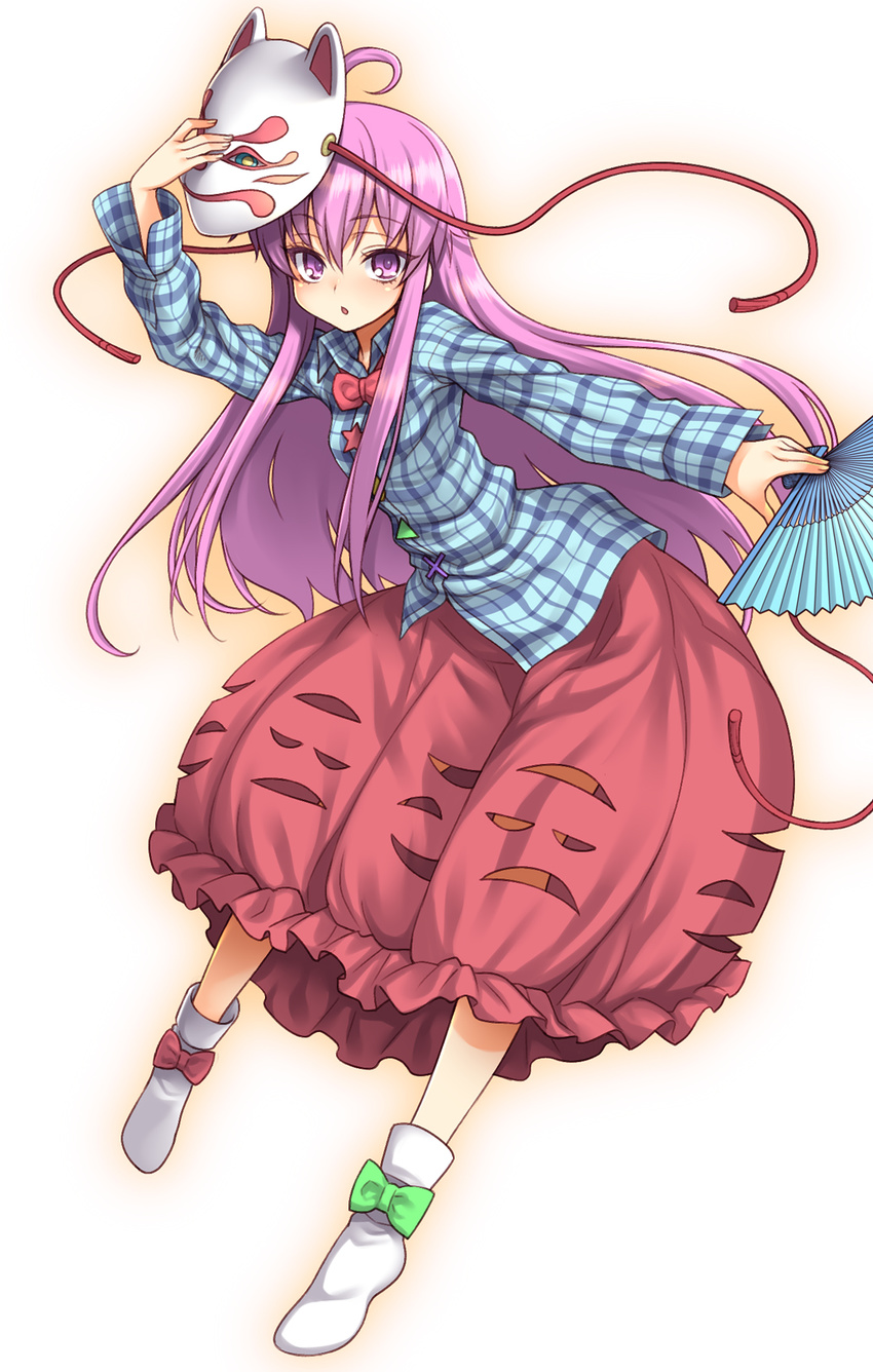 :o blush bow bubble_skirt expressionless fan folding_fan fox_mask hata_no_kokoro highres long_hair long_sleeves looking_at_viewer mask open_mouth pink_eyes pink_hair plaid plaid_shirt shirt simple_background skirt solo touhou uousa-ou very_long_hair