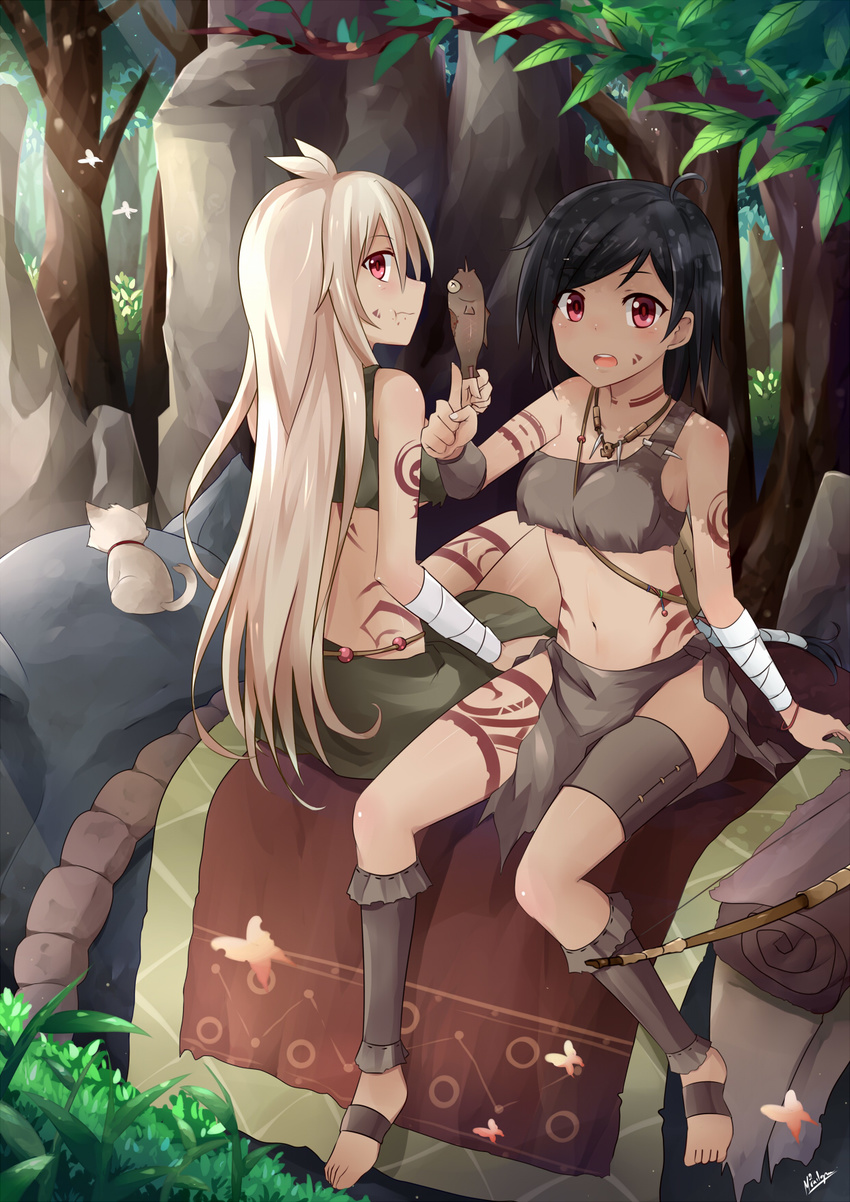 ankle_wrap barefoot black_hair blonde_hair bodypaint cat crop_top crop_top_overhang eating elephant falsha fish food food_on_face forest highres jewelry jungle kailani long_hair long_legs midriff miniskirt mmrailgun multiple_girls nature navel necklace open_mouth original short_hair siblings sisters sitting skirt tan tank_top tattoo torn_clothes tribal wrist_wrap