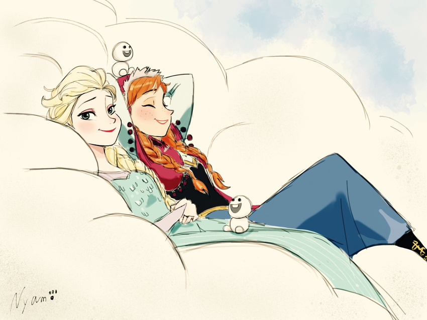 anna_(frozen) elsa_(frozen) freckles frozen_(disney) highres lying multiple_girls nyamo siblings sisters