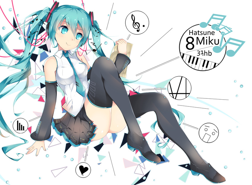 aqua_eyes aqua_hair beamed_eighth_notes beamed_sixteenth_notes boots character_name detached_sleeves eighth_note hatsune_miku long_hair musical_note necktie quarter_note sevens_(treefeather) sitting skirt smile solo thigh_boots thighhighs treble_clef twintails very_long_hair vocaloid