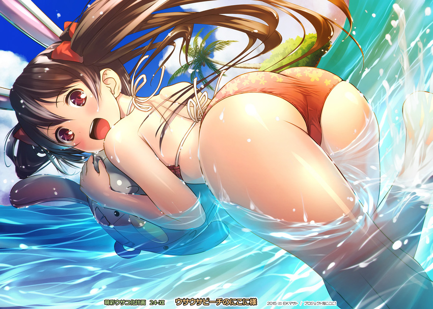 :d ass ball bikini black_hair bow ek_masato hair_bow long_hair looking_at_viewer love_live! love_live!_school_idol_project no_nose open_mouth partially_submerged red_eyes smile solo swimsuit taut_bikini trefoil twintails water yazawa_nico