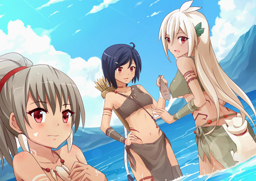 ahoge ankle_wrap arrow beach black_hair blonde_hair bodypaint bone_earrings breasts brown_hair cat crop_top crop_top_overhang day dutch_angle earrings falsha fish hand_on_hip jewelry kailani lens_flare long_hair looking_at_viewer medium_breasts midriff miniskirt mmrailgun multiple_girls navel necklace original outdoors ponytail quiver red_eyes short_hair skirt small_breasts tan tank_top tattoo torn_clothes tribal underboob wading water wrist_wrap