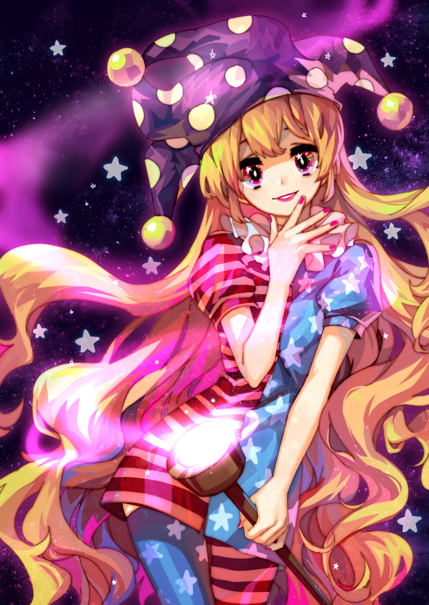 american_flag_dress american_flag_legwear blonde_hair clownpiece glowing harrymiao hat highres jester_cap lips long_hair looking_at_viewer multicolored multicolored_eyes nail_polish parted_lips print_legwear puffy_sleeves short_sleeves smile solo star striped striped_legwear thighhighs touhou very_long_hair