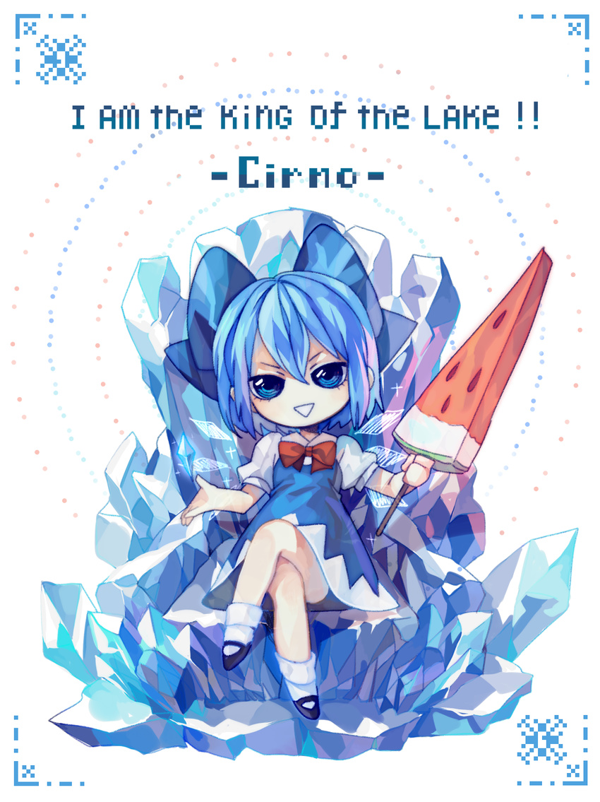 blue_dress blue_eyes blue_hair bow character_name chibi cirno crossed_legs dress english food fruit full_body grin hair_ornament hair_ribbon harrymiao highres ice ice_wings looking_at_viewer mary_janes puffy_sleeves ribbon shoes short_hair short_sleeves sitting smile socks solo text_focus touhou triangle_mouth watermelon white_background white_legwear wings