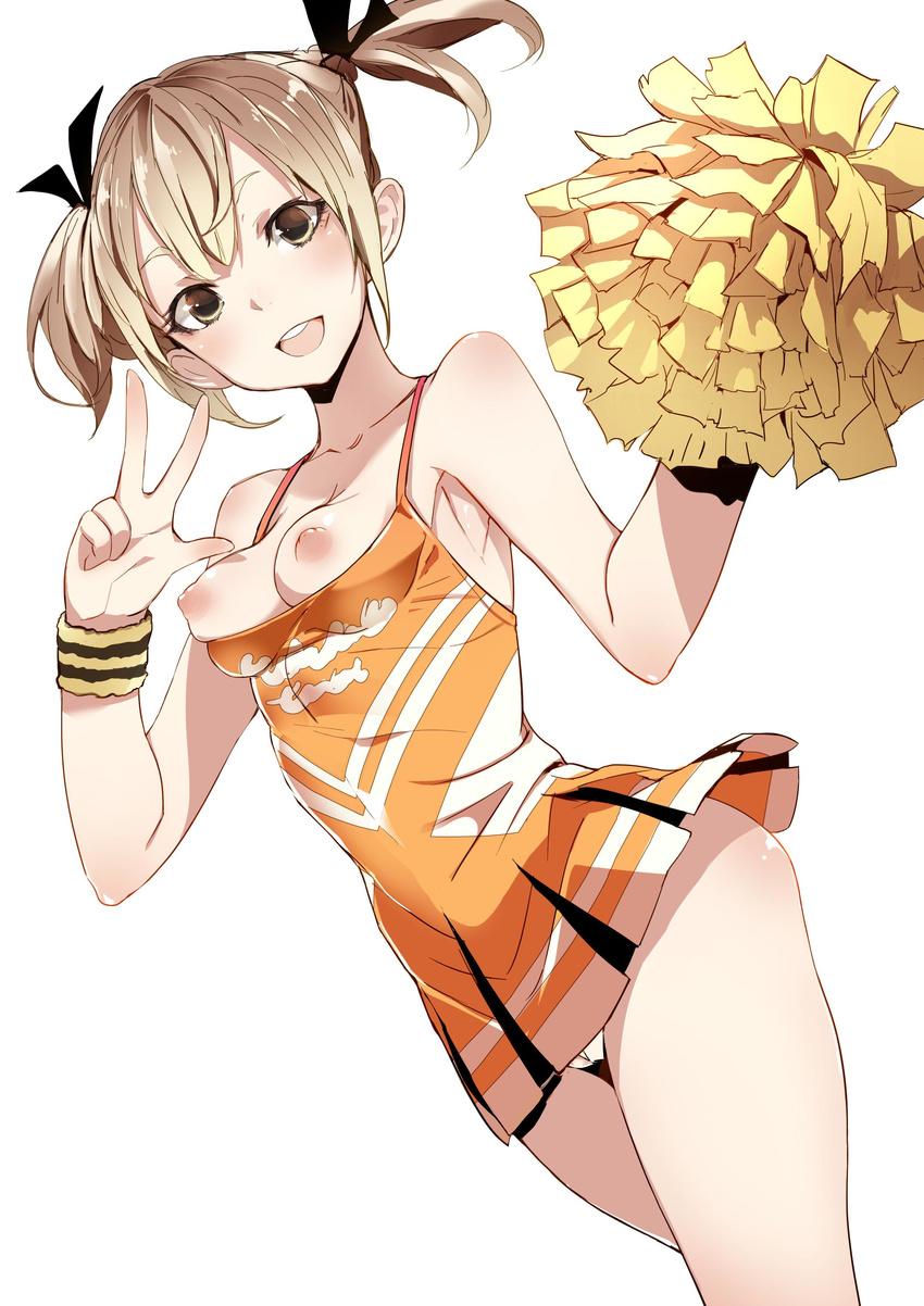 :d absurdres bad_id bad_twitter_id breasts brown_eyes brown_hair cameltoe cheerleader hair_ribbon highres looking_at_viewer nipples open_mouth original panties pom_poms ribbon ricci round_teeth simple_background small_breasts smile solo teeth twintails underwear w white_background white_panties wristband