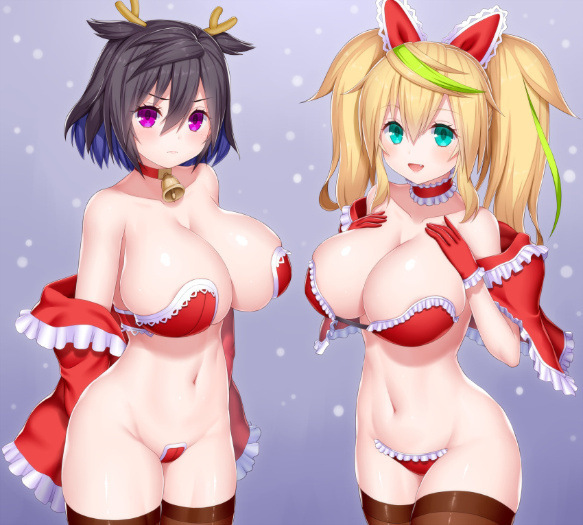 2girls antlers aqua_eyes asamura_hiori bell bell_choker black_hair blonde_hair breasts brown_legwear capelet choker christmas cleavage closed_mouth cowboy_shot gene_(pso2) gloves green_hair hair_flaps highres horshid_(pso2) large_breasts long_hair looking_at_viewer maebari multicolored_hair multiple_girls navel open_mouth phantasy_star phantasy_star_online_2 purple_eyes red_capelet red_gloves red_neckwear revealing_clothes short_hair smile standing streaked_hair thighhighs thighs twintails two-tone_hair