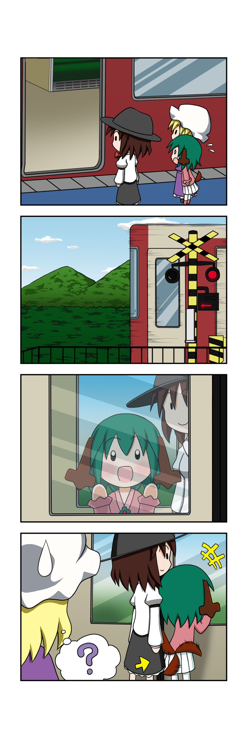 0_0 3girls 4koma :d :o ? absurdres against_glass against_window animal_ears blonde_hair brown_hair chibi comic directional_arrow flying_sweatdrops green_hair ground_vehicle hat highres juliet_sleeves kasodani_kyouko laughing long_sleeves maribel_hearn mob_cap mountain multiple_girls nature open_mouth propeller puffy_sleeves railroad_crossing rakugaki-biyori shirt silent_comic skirt smile spoken_question_mark sweatdrop tail tail_wagging touhou train usami_renko