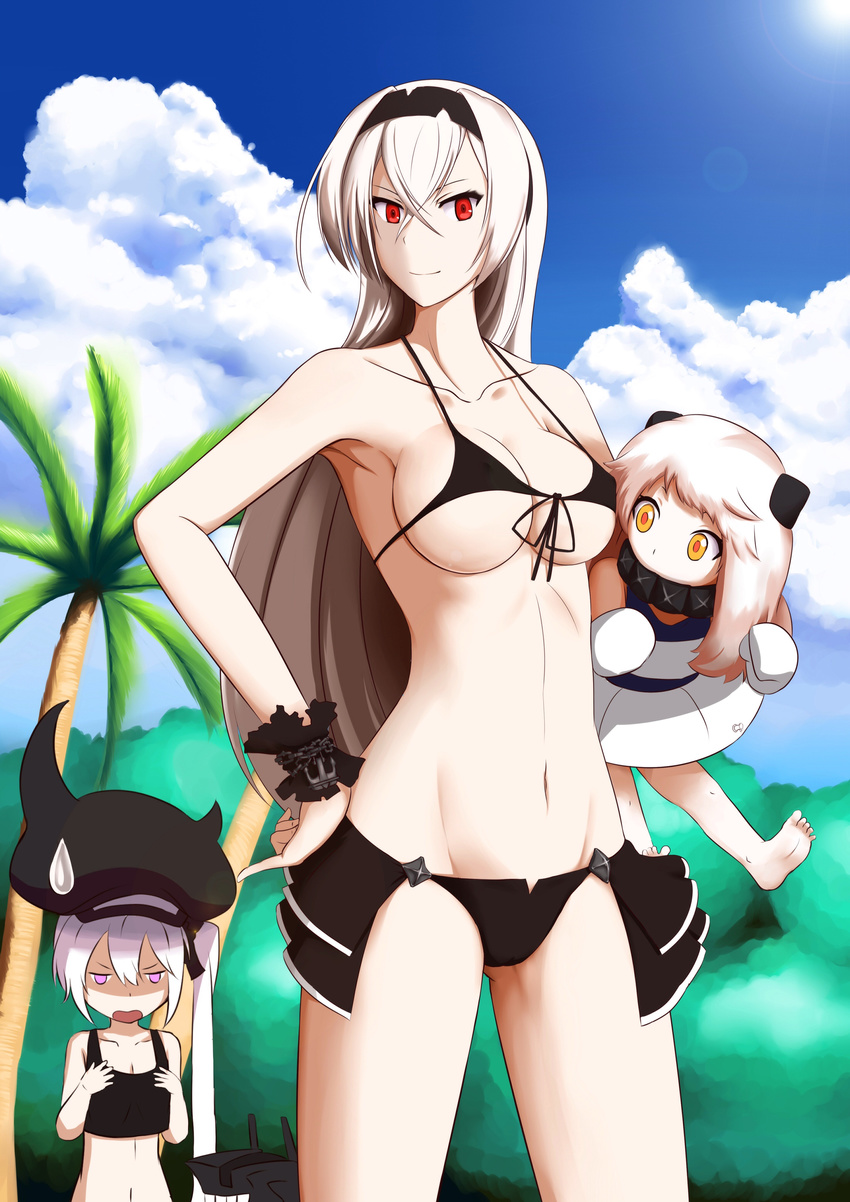 absurdres air_defense_hime barefoot beach bikini black_bikini breast_envy breasts cloud cloudy_sky day destroyer_hime duplicate fedsnk flat_chest hairband hat highres horns kantai_collection long_hair md5_mismatch mittens multiple_girls northern_ocean_hime open_mouth palm_tree purple_eyes red_eyes shinkaisei-kan showgirl_skirt side_ponytail sky smile sweatdrop swimsuit tree white_hair white_skin yellow_eyes