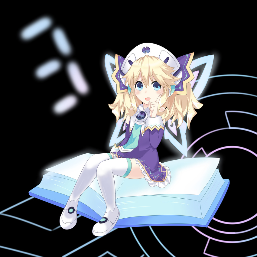 absurdres blonde_hair blue_eyes blush book fairy_wings hair_ornament hat highres histoire index_finger_raised looking_at_viewer neptune_(series) open_mouth rian_(clearhisty0101) sitting twintails wings