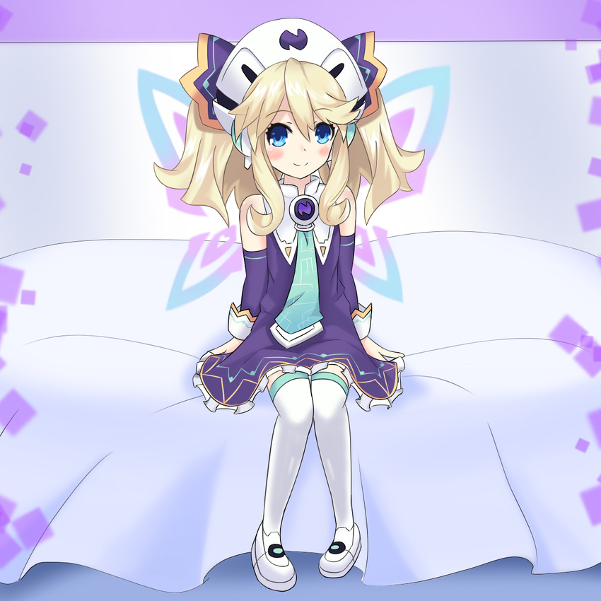 blonde_hair blue_eyes blush book fairy_wings hair_ornament hat highres histoire looking_at_viewer neptune_(series) open_mouth rian_(clearhisty0101) thighhighs twintails wings