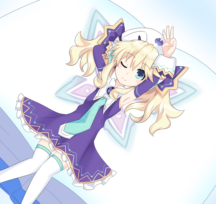 absurdres blonde_hair blue_eyes blush book fairy_wings highres histoire long_hair looking_at_viewer lying neptune_(series) on_back rian_(clearhisty0101) solo thighhighs wings