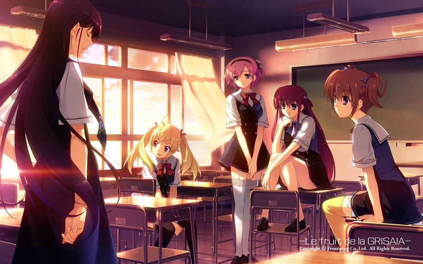 black_footwear black_hair black_legwear blonde_hair blue_eyes breasts brown_hair ceiling_light chalkboard classroom closed_eyes curtains desk diffraction_spikes fumio_(ura_fmo) garter_straps grisaia_(series) grisaia_no_kajitsu hair_ribbon highres irisu_makina jpeg_artifacts komine_sachi lens_flare long_hair long_legs matsushima_michiru medium_breasts multiple_girls pink_hair purple_hair red_eyes reflection resized ribbon sakaki_yumiko school_desk school_uniform shoes short_twintails suou_amane thighhighs title twintails upscaled watanabe_akio watermark white_legwear yellow_legwear