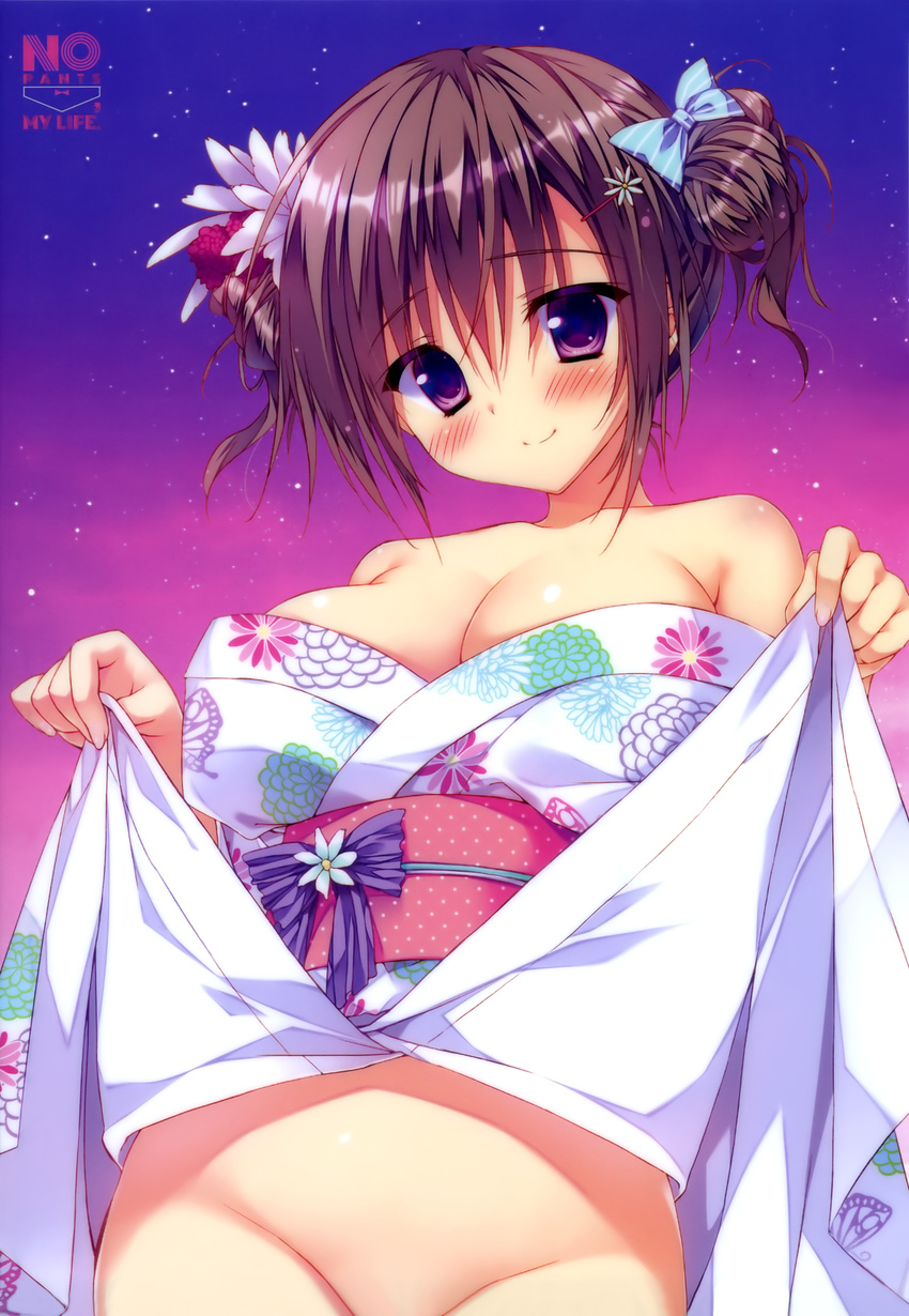 absurdres bare_shoulders blush bow breasts brown_hair cleavage clothes_lift cowboy_shot double_bun floral_print flower groin hair_bow hair_flower hair_ornament highres huge_breasts japanese_clothes kimono kimono_lift no_panties obi off_shoulder out-of-frame_censoring purple_eyes ryouka_(suzuya) sash short_hair smile solo