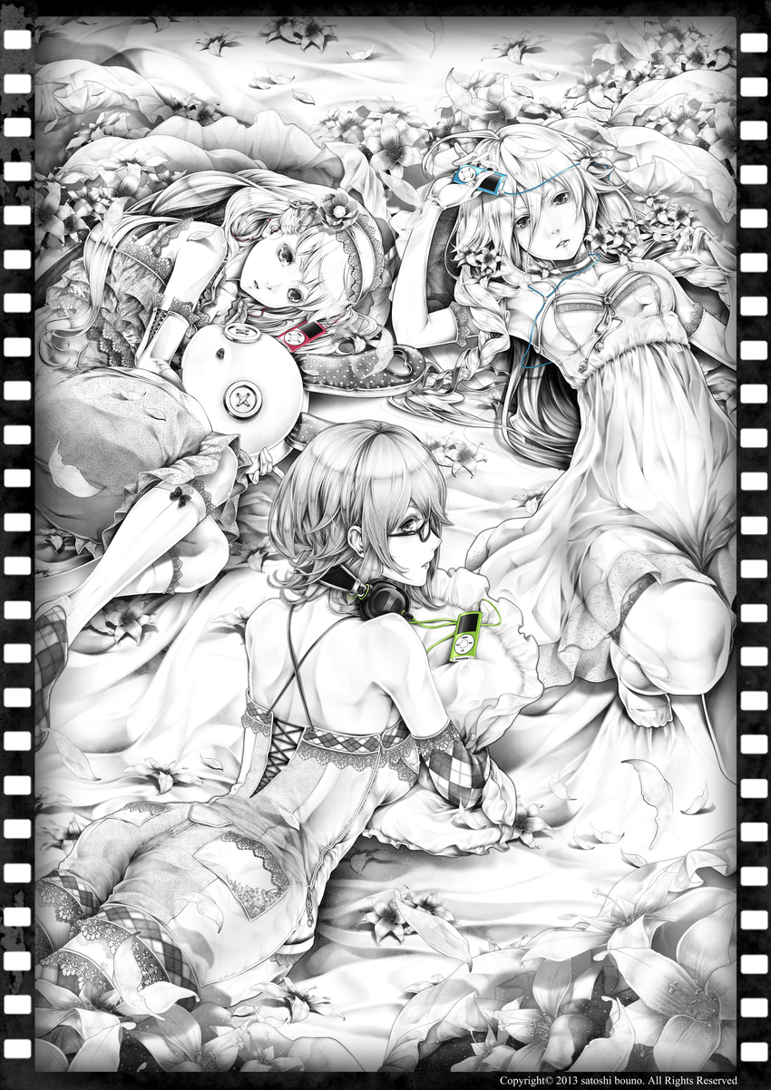 absurdres argyle bad_id bad_pixiv_id bouno_satoshi braid button_eyes buttons choker digital_media_player dress flower glasses gloves gumi hair_flower hair_ornament hair_ribbon headphones headphones_around_neck highres ia_(vocaloid) long_hair looking_at_viewer lying mayu_(vocaloid) monochrome multiple_girls no_shoes on_back on_side on_stomach petals pillow pillow_hug ribbon spot_color stuffed_animal stuffed_bunny stuffed_toy thighhighs usano_mimi vocaloid zettai_ryouiki