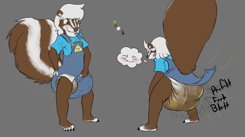 anthro biped clothed clothing diaper feces front_view fur hair male mammal mephitid messy_diaper pooping rear_view scat shingekiskunk skunk soiling soiling_diaper