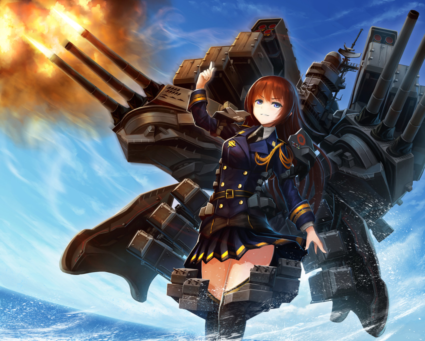 ace_combat ace_combat_04 battleship blue_eyes brown_hair cannon commentary fens_tanager highres kantai_collection long_hair looking_at_viewer mecha_musume military military_uniform military_vehicle necktie ocean original personification ship smile solo tom-neko_(zamudo_akiyuki) uniform warship watercraft