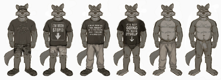 anthro briefs bulge canid canine canis censored clothing eddie_(orf) footwear male mammal off/on orf penis_outline shirt shoes shorts simple_background solo standing t-shirt underwear wolf