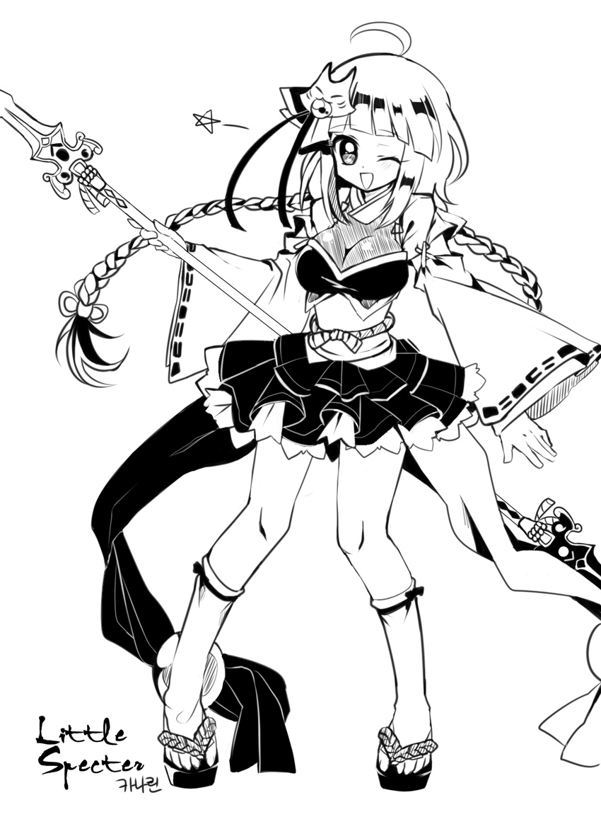 ;d ahoge ankle_wrap ara_han bad_id bad_pixiv_id braid breasts cleavage clog_sandals corset elsword full_body greyscale highres kanarin97 large_breasts little_specter_(elsword) long_hair monochrome one_eye_closed open_mouth polearm skirt smile solo spear standing twin_braids weapon white_background