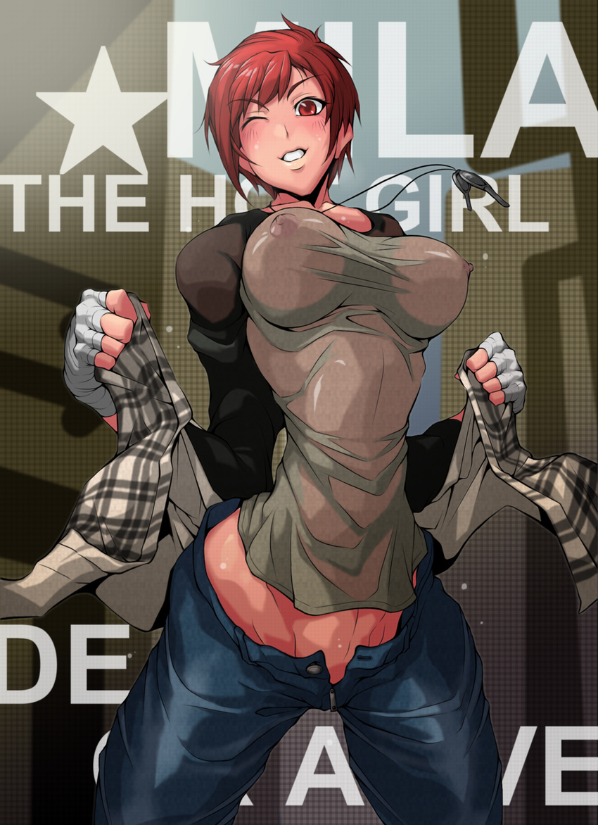 ;) blush breasts casual commentary_request covered_nipples dead_or_alive dead_or_alive_5 denim hand_wraps highres jeans jewelry key large_breasts long_sleeves mila_(doa) necklace no_bra no_panties one_eye_closed pants red_eyes red_hair see-through shirt short_hair slender_waist smile solo taut_clothes taut_shirt unbuttoned wet wet_clothes wet_shirt wet_t-shirt yoshitsuki