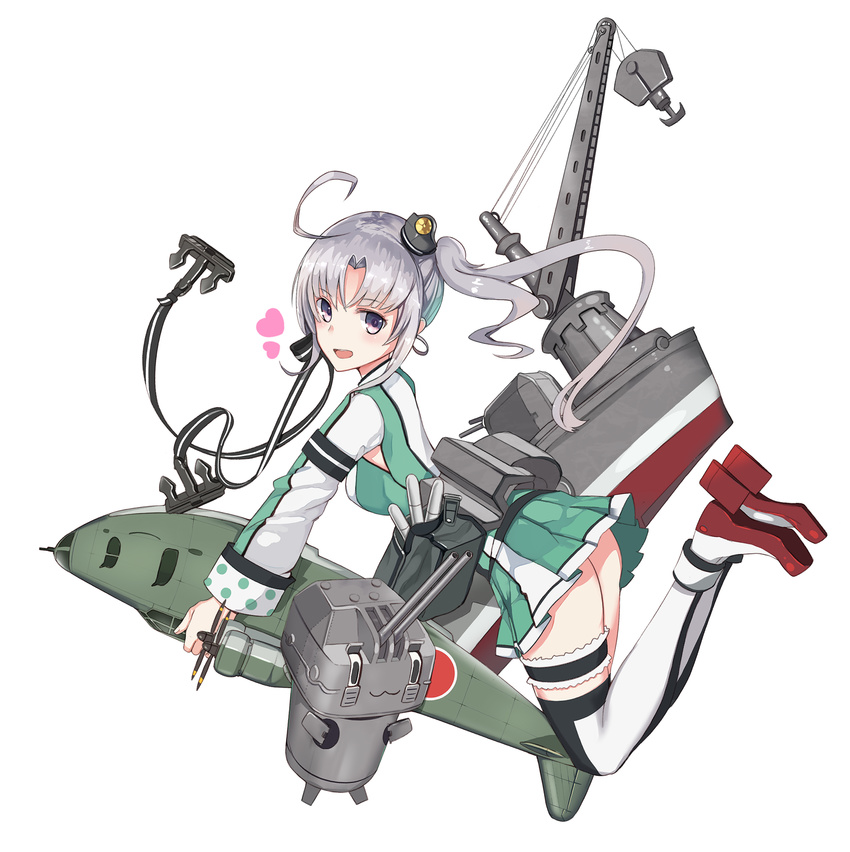 akitsushima_(kantai_collection) boqboq chou-10cm-hou-chan earrings gloves hair_ornament hat highres jewelry kantai_collection long_hair mini_hat miniskirt nishikitaitei-chan purple_eyes side_ponytail silver_hair skirt uniform