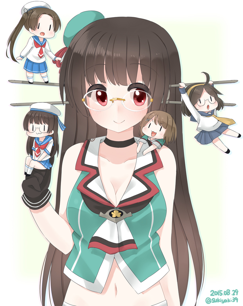 25mm_triple_autocannon_mount 5girls :3 :o bare_shoulders beret black_gloves black_hair breasts brown_hair choukai_(kantai_collection) cleavage commentary_request dated fairy_(kantai_collection) glasses gloves hair_ornament hair_ribbon hairband hanging hat headgear highres kantai_collection light_brown_hair long_hair look-alike looking_to_the_side medium_breasts midriff mini_hat minigirl multiple_girls navel open_mouth pleated_skirt ponytail red_eyes remodel_(kantai_collection) ribbon rimless_eyewear school_uniform serafuku short_hair side_ponytail simple_background sitting skilled_lookouts_(kantai_collection) skirt smile twitter_username type_96_150cm_searchlight v-shaped_eyebrows v_arms white_background yukichi_(sukiyaki39) |_|