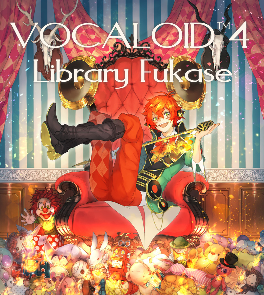 boots character_name copyright_name crossed_legs doll facial_mark fukase green_eyes headgear highres legs_up marking_on_cheek microphone mito_itsuki original reclining red_hair smile speaker stuffed_animal stuffed_toy tailcoat throne throne_room toy_robot vocaloid