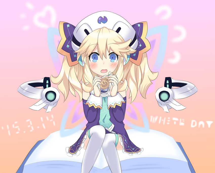 blonde_hair blue_eyes blush book cookie fairy_wings food hair_ornament hat highres histoire looking_at_viewer neptune_(series) open_mouth rian_(clearhisty0101) thighhighs twintails white_day wings