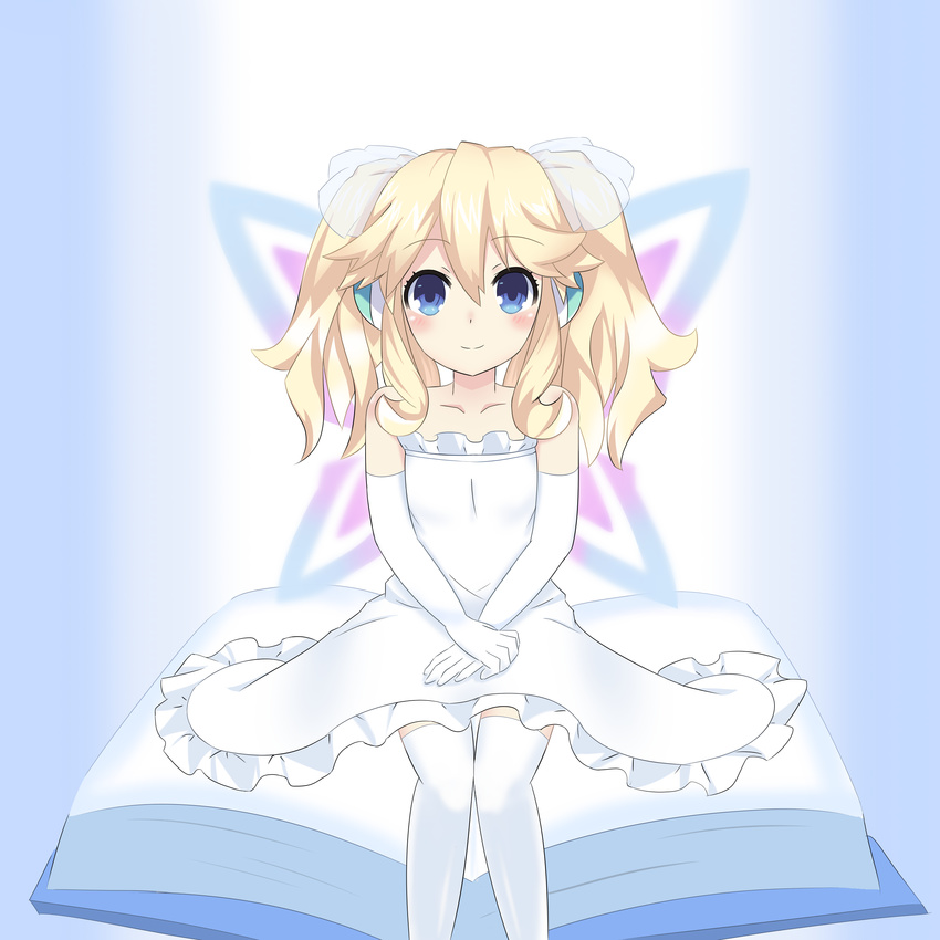 absurdres blonde_hair blue_eyes blush book dress fairy_wings highres histoire long_hair looking_at_viewer neptune_(series) rian_(clearhisty0101) solo wedding_dress wings