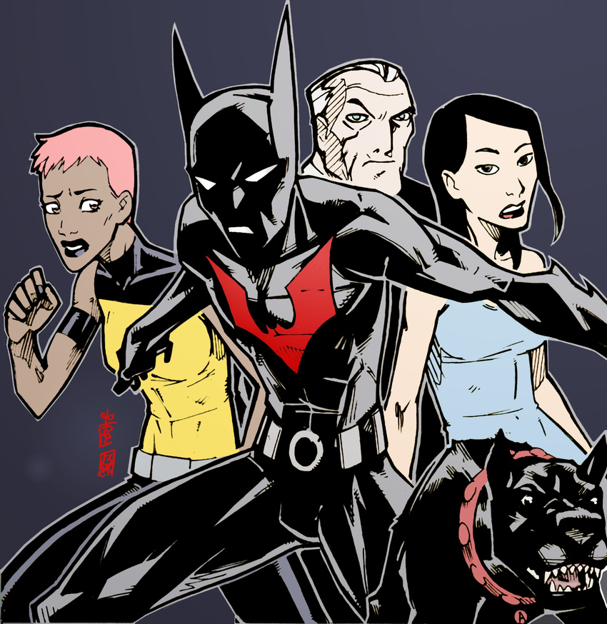 2boys 2girls ace_(dc) armor batman batman_(series) batman_beyond belt black_hair blue_eyes bruce_wayne collar dark_skin dc_comics dcau dog grey_hair maxine_gibson multiple_boys multiple_girls pink_hair power_armor short_hair simple_background terry_mcginnis