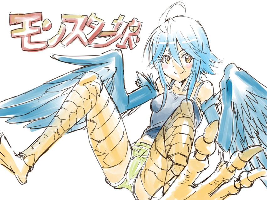ahoge blue_hair blue_wings blush breasts dango_(bonapalt100) feathered_wings feathers harpy monster_girl monster_musume_no_iru_nichijou papi_(monster_musume) scales short_shorts shorts simple_background sketch small_breasts smile solo talons translated white_background wings yellow_eyes
