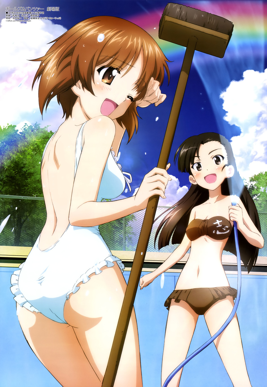 :d ;d absurdres ass bikini black_eyes black_hair breasts broom brown_bikini brown_eyes brown_hair chain-link_fence cloud day empty_pool fence frilled_swimsuit frills girls_und_panzer highres hose long_hair medium_breasts megami multiple_girls nishi_kinuyo nishizumi_miho non-web_source official_art one_eye_closed open_mouth outdoors pool rainbow short_hair sky small_breasts smile splashing sugimoto_isao swimsuit water wet white_swimsuit