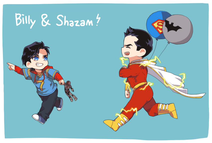 2boys balloon bat_(symbol) billy_batson cape captain_marvel character_doll character_name cyborg_(dc) dark_skin dc_comics dual_persona male_focus multiple_boys multiple_persona running s_shield shazam simple_background