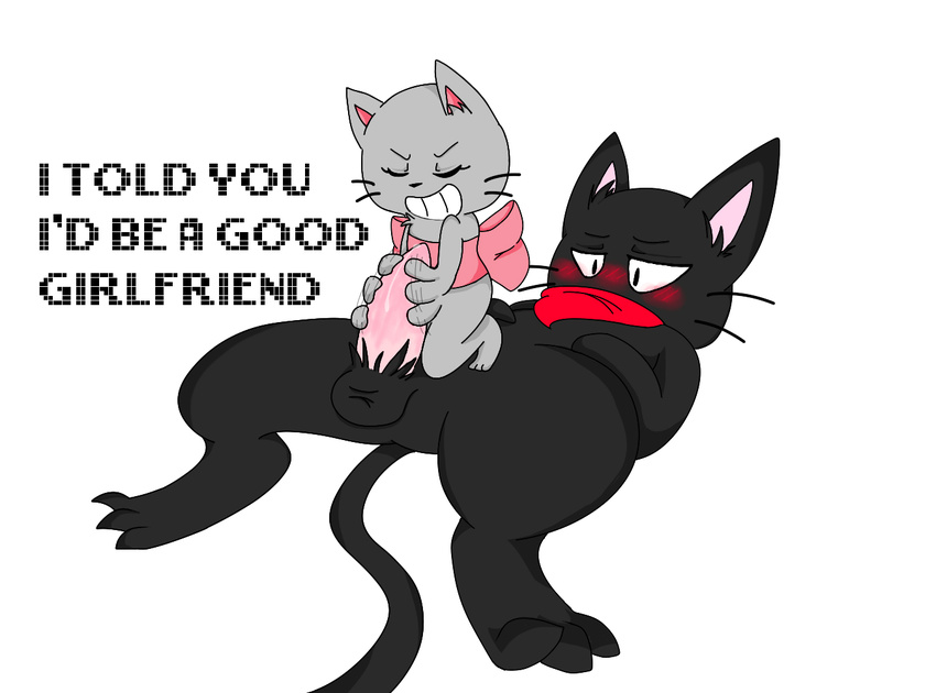 &lt;3 3_toes anthro balls black_fur blush cat clenched_teeth dark_fur dialogue duo english_text erection eyes_closed feline female fur gamer_cat gamercat grin handjob kittykero larger_male male male/female mammal nude penis pink_penis precum ribbons simple_background size_difference smaller_female smile smug teeth text toes white_background