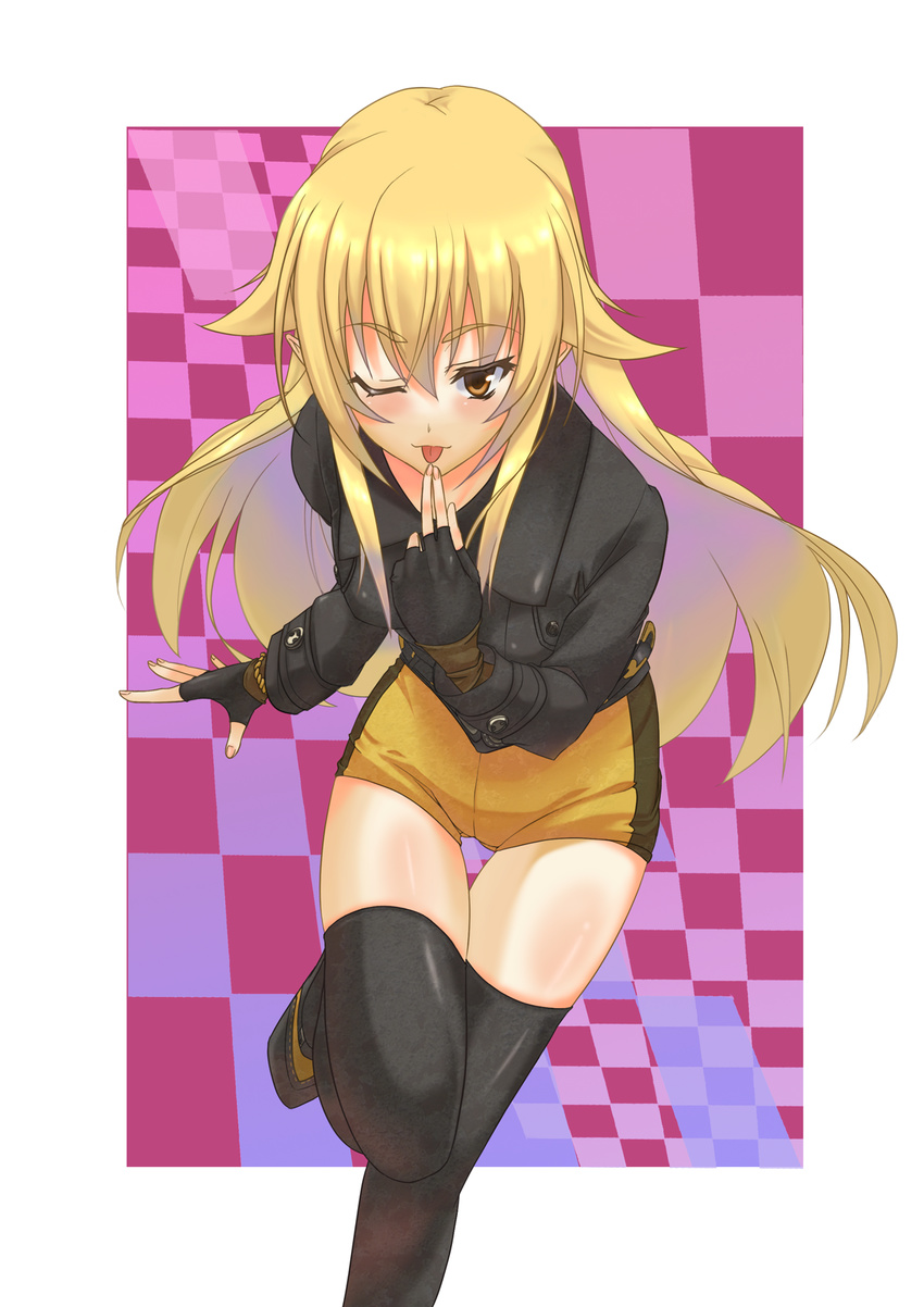 ashikaga_chachamaru black_gloves black_legwear blonde_hair brown_eyes commentary_request fingerless_gloves gloves highres long_hair looking_at_viewer one_eye_closed sengoku_aky short_shorts shorts smile solo soukou_akki_muramasa thighhighs tongue tongue_out