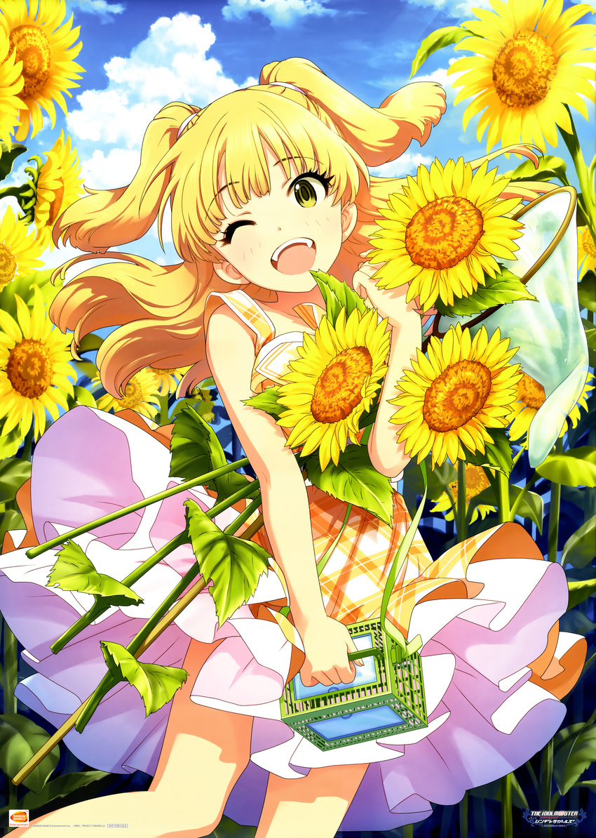 ;d absurdres annindoufu_(oicon) blonde_hair butterfly_net cloud day dress flower green_eyes hand_net head_tilt highres idolmaster idolmaster_cinderella_girls insect_cage jougasaki_rika long_hair official_art one_eye_closed open_mouth plaid plaid_dress scan sky smile solo sunflower two_side_up