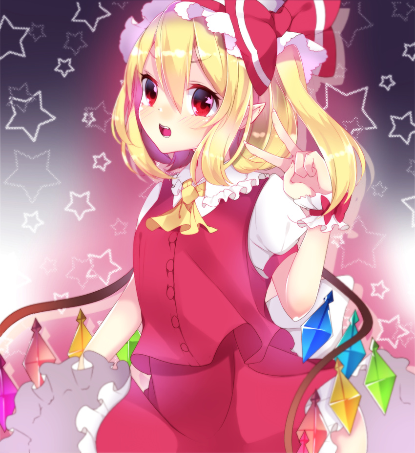 :d bad_id bad_pixiv_id blonde_hair flandre_scarlet hat highres looking_at_viewer mob_cap motsuni_(lxxe1120) open_mouth puffy_short_sleeves puffy_sleeves red_skirt red_vest shirt short_sleeves side_ponytail skirt smile solo star touhou v vest white_shirt