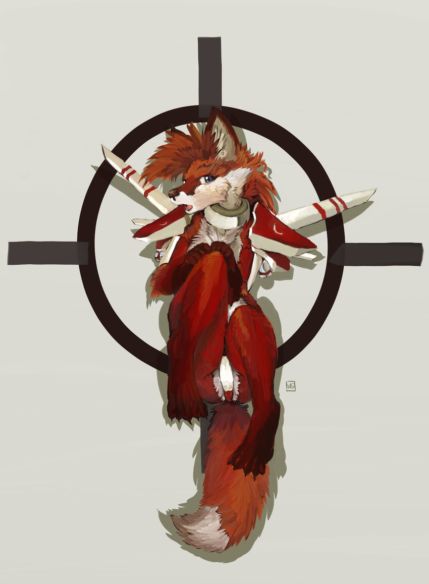 anthro armor canine clothing collar countershading crosshair curled_up female fox laid_back lying mammal mane_hair mohawk on_back pinup pira pose solo unconvincing_armor underwear