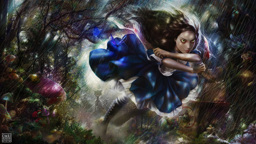 alice:_madness_returns alice_(wonderland) alice_in_wonderland alice_liddell american_mcgee's_alice american_mcgee's_alice black_hair blood dress face gradient gradient_background green_eyes highres knife lips long_hair realistic smile solo weapon