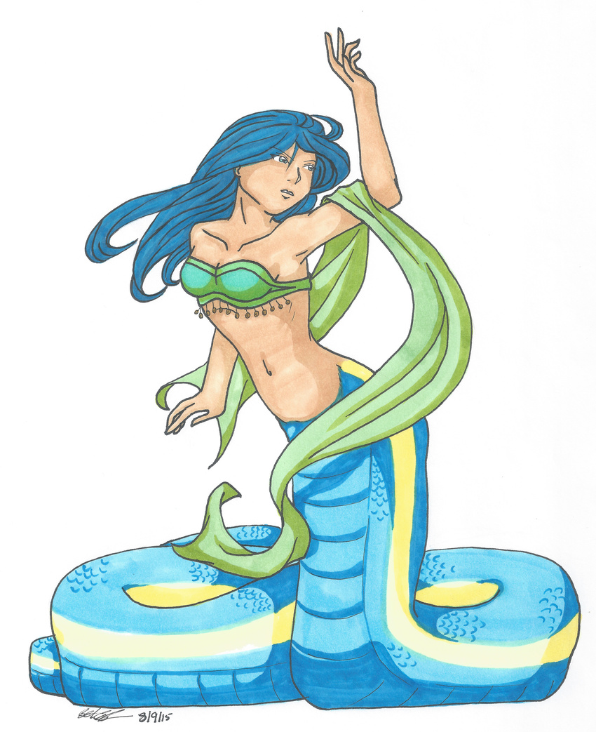 bangle blue_hair breasts chandi clothed clothing female green_eyes hair half-dressed invalid_tag jewelry koshkio lamia naga scales scalie simple_background small_breasts solo tube_top