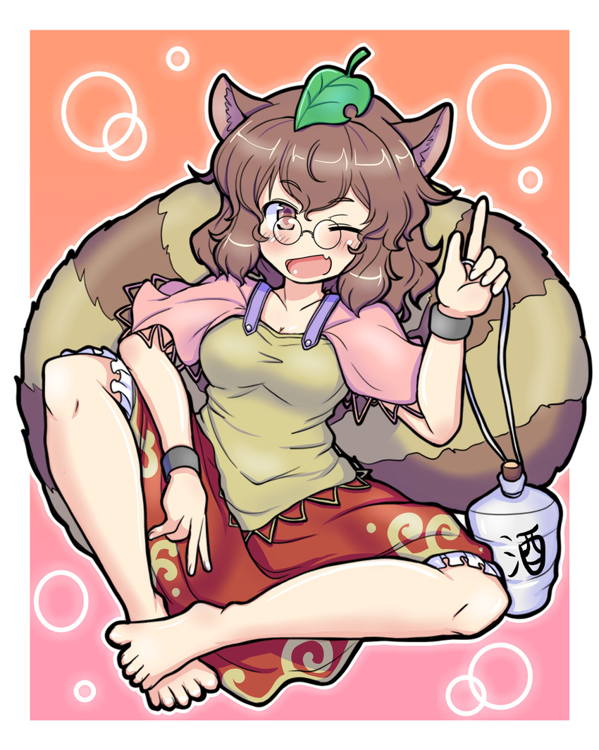 ;d animal_ears barefoot blush brown_eyes brown_hair eruru_(erl) fang futatsuiwa_mamizou glasses gourd highres index_finger_raised leaf leaf_on_head one_eye_closed open_mouth pince-nez raccoon_ears raccoon_tail sitting smile solo tail touhou