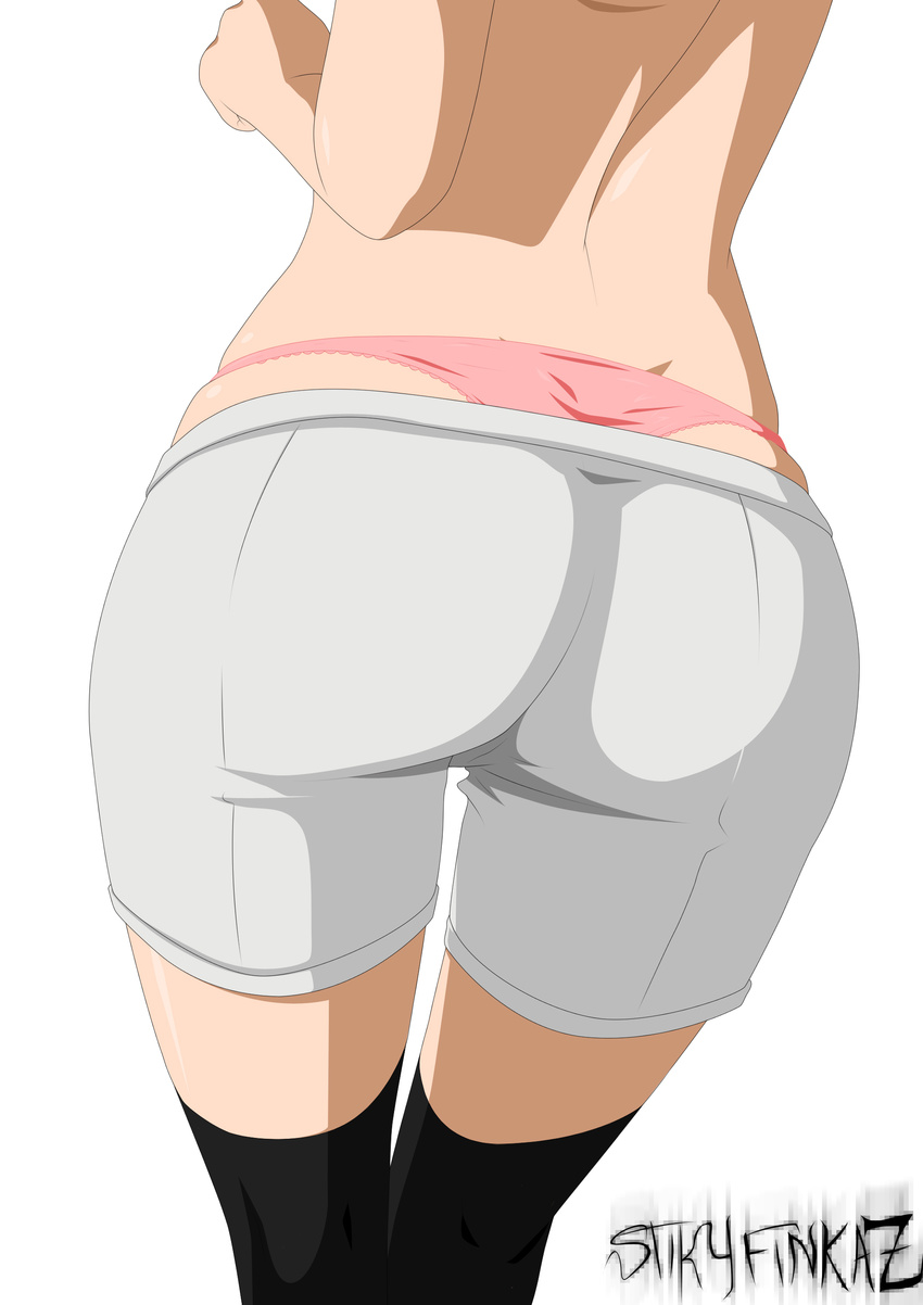 1girl ass black_legwear from_behind naruto panties pink_panties shorts simple_background solo stiky_finkaz thighhighs topless uchiha_sarada underwear whale_tail