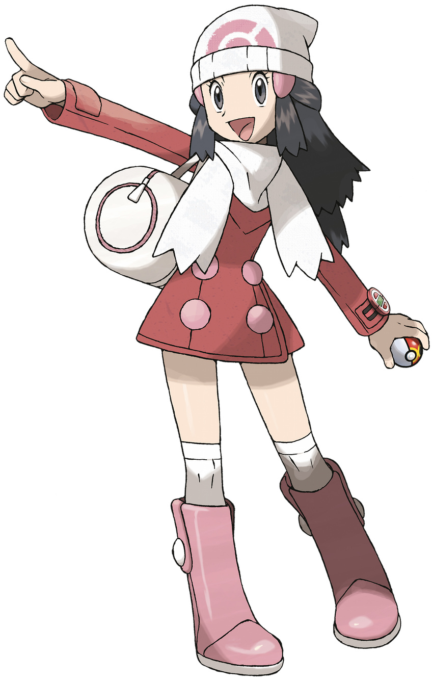 1girl bag female hikari_(pokemon) long_hair nintendo official_art poke_ball pokeball pokemon pokemon_(game) pokemon_dppt scarf simple_background skirt solo sugimori_ken thighhighs transparent_background