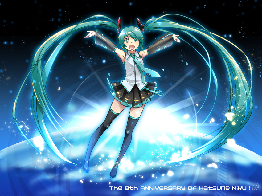 aqua_eyes aqua_hair caffein detached_sleeves hatsune_miku highres long_hair solo thighhighs twintails vocaloid