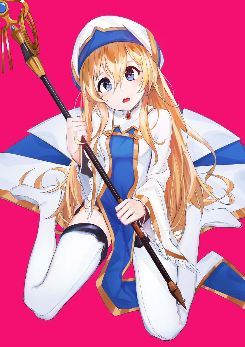 bangs blonde_hair blue_eyes blush boots eyebrows eyebrows_visible_through_hair female frilled_sleeves frills goblin_slayer! hair_between_eyes hat highres holding holding_weapon legs_apart long_hair long_sleeves looking_at_viewer open_mouth priestess_(goblin_slayer!) red_background shiyashiki simple_background sitting solo teeth thigh_boots thighhighs wariza weapon white_boots