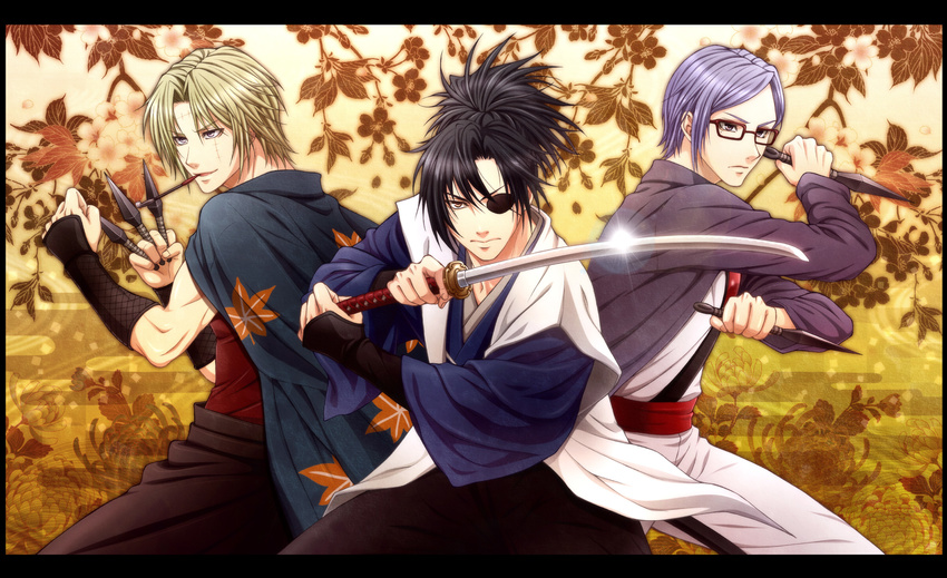 blonde_hair eyepatch genderswap genderswap_(ftm) gintama glasses highres japanese_clothes karuta410 kunai male_focus mouth_hold multiple_boys pipe ponytail purple_hair sarutobi_ayame scar sword tsukuyo_(gintama) weapon yagyuu_juubei_(gintama) yagyuu_kyuubei