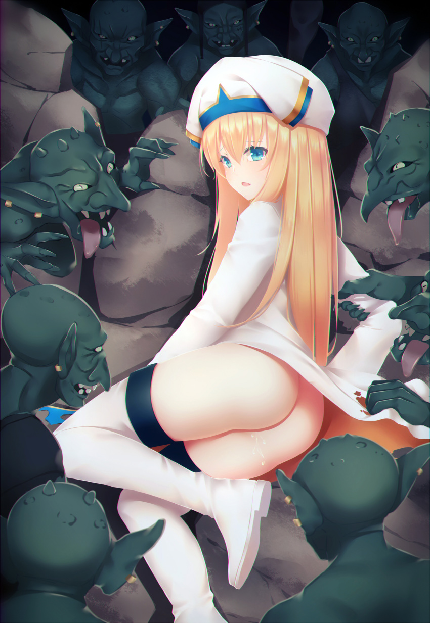 absurdres aqua_eyes arm_grab ass bangs blonde_hair blush boots cave eyebrows goblin goblin_slayer! hat highres imminent_rape long_hair long_sleeves lying monster multiple_boys nestea on_side priestess_(goblin_slayer!) pussy_juice thigh_boots thighhighs torn_clothes white_boots