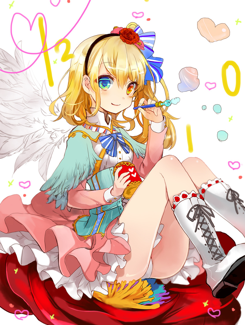 angel_wings blonde_hair blue_eyes boots bubble_blowing heterochromia highres musou_yuchi original red_eyes short_hair smile solo wings