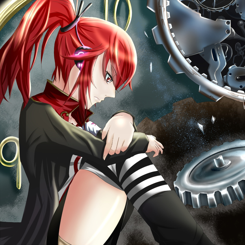 cul gears highres ponytail red_eyes red_hair short_hair sitting solo striped striped_legwear vocaloid